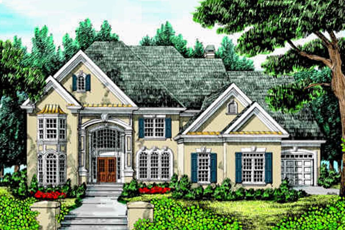 House plan exterior with two stories, multiple gables, arched entry, bay window, and attached garage. Stone walkway leads to the front door.