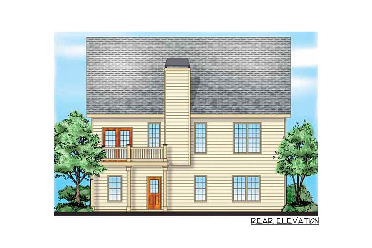 Rear elevation drawing of a two-story house plan featuring a central chimney, second-story balcony, and multiple windows.