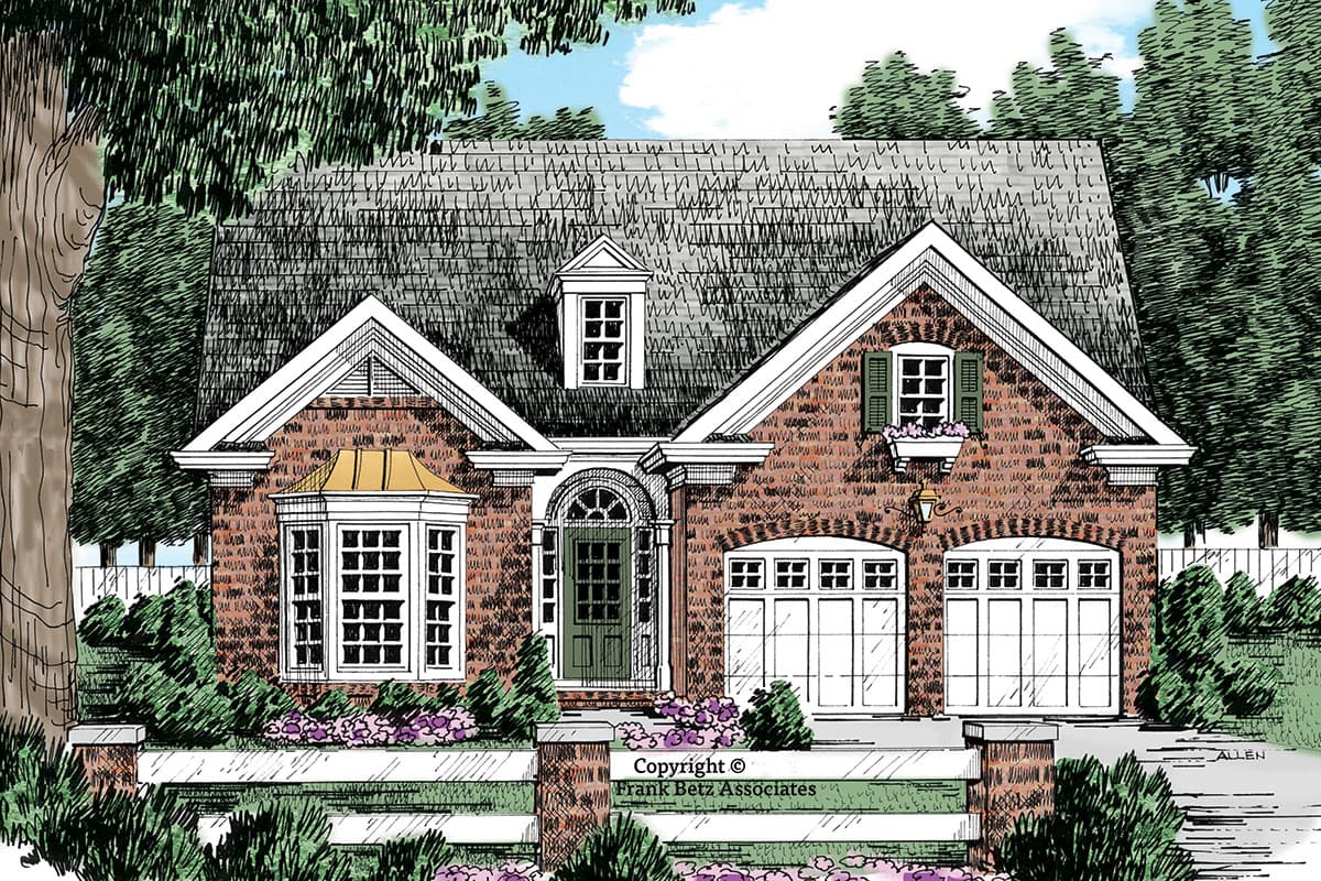 House plan exterior with brick facade, multi-gabled roof, arched entry, dormer, and attached two-car garage. Bay window on the left side.