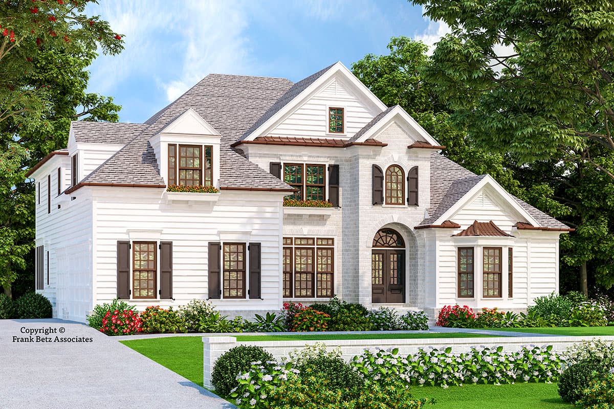 House plan exterior. Two-story home with Craftsman style. Features include gables, dormers, and a prominent front entry with an arched top door.