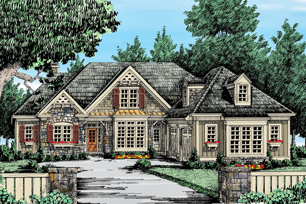 House plan exterior: Craftsman style, 1.5 stories, stone accents, covered entry porch, dormers, and side-entry garage.
