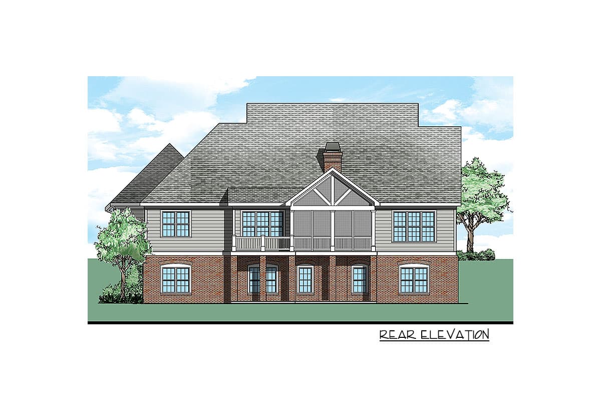 Rear elevation drawing of a two-story house with brick lower level, siding upper level, screened porch, and multiple gables.