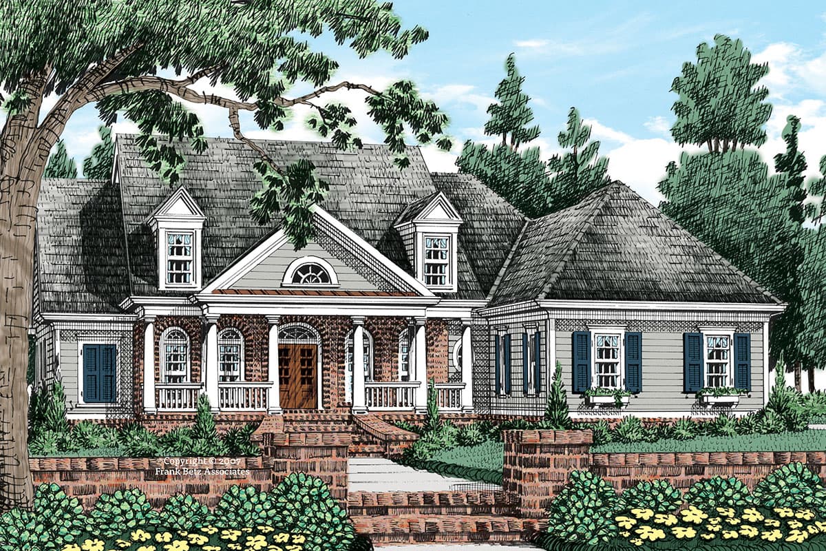 House plan exterior in a two-story Colonial style with gables, a covered porch, dormers, and a brick facade.