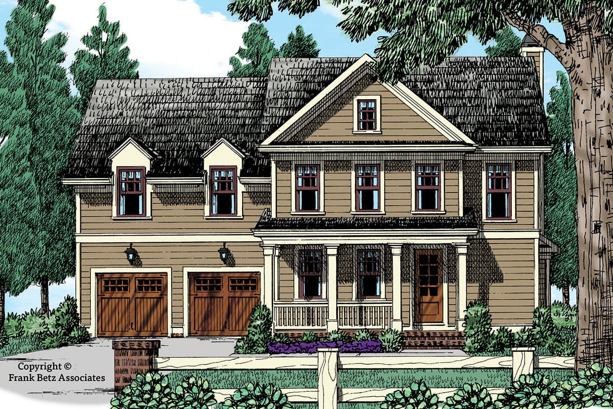 House plan exterior. Two-story Craftsman style home with front porch, gables, dormers, and a two-car garage.