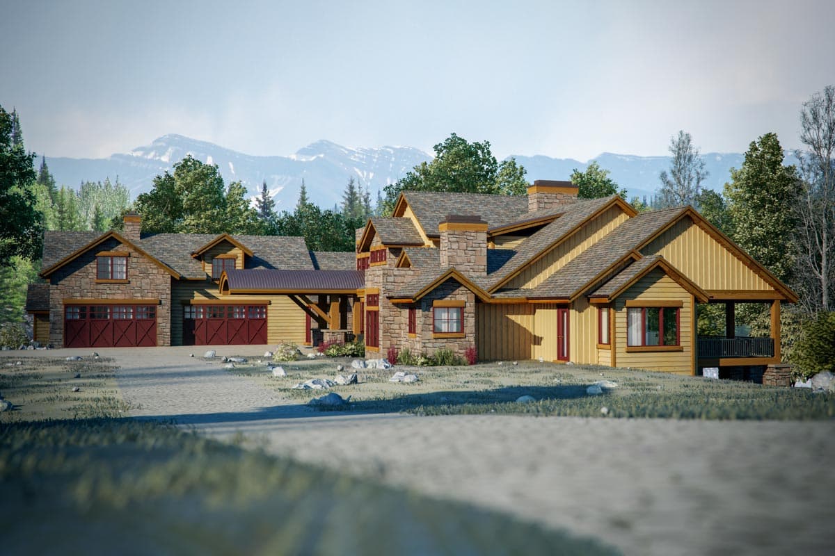 House plan exterior featuring stone and wood siding, multiple gables, dormers, and a covered entrance.