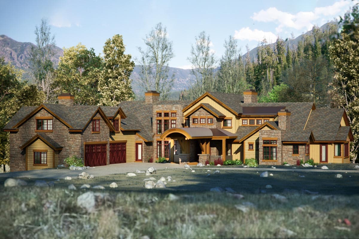 House plan exterior. Two-story, mountain-style home with stone and wood siding, gabled roof, and covered porch entry. Includes garage.