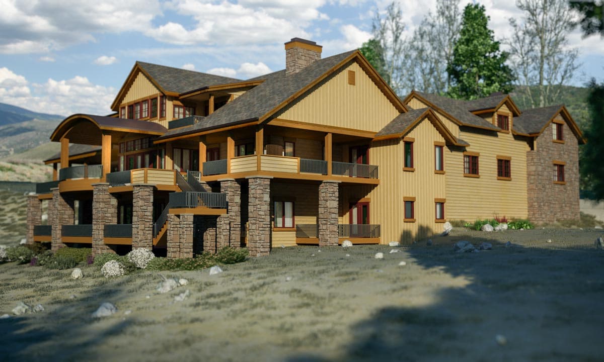 House plan exterior: multi-story mountain style with stone accents, multiple balconies, gabled roofs, and a prominent chimney.