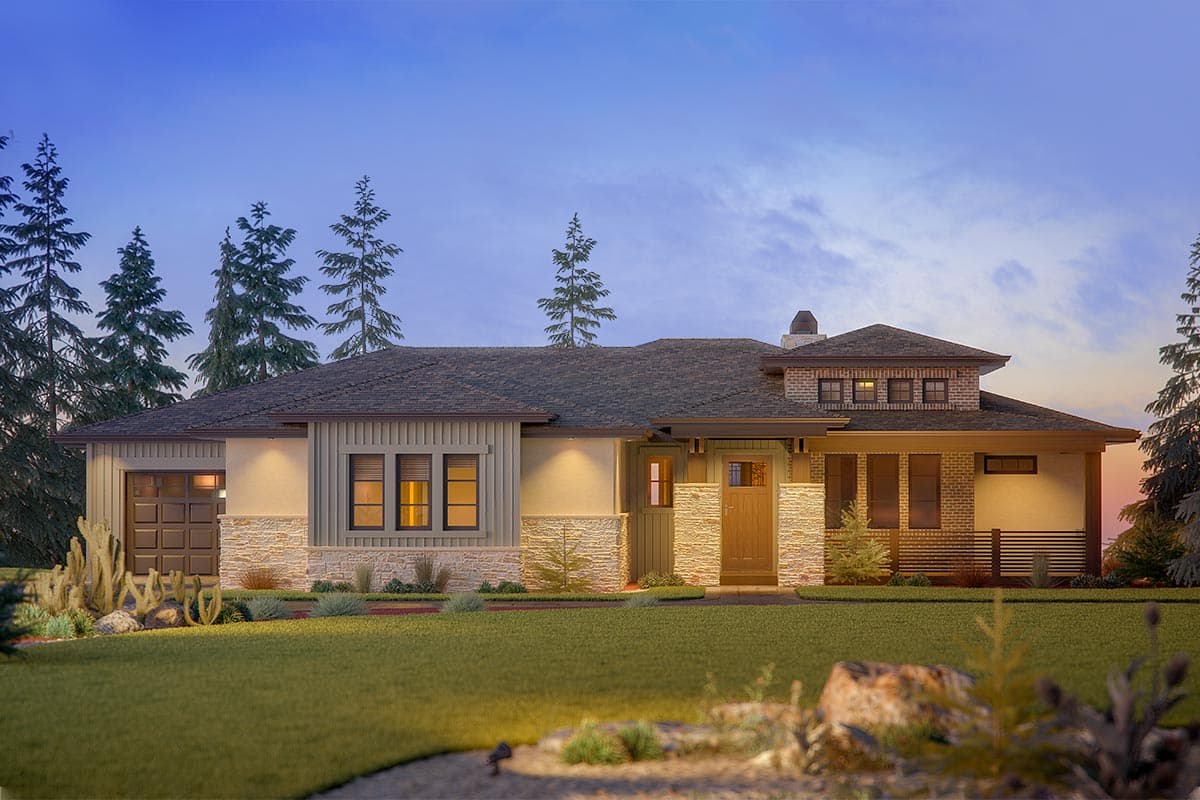House plan exterior. Modern style, single story. Features include stone accents, a brick accent, a low-pitch roof, and an attached garage.