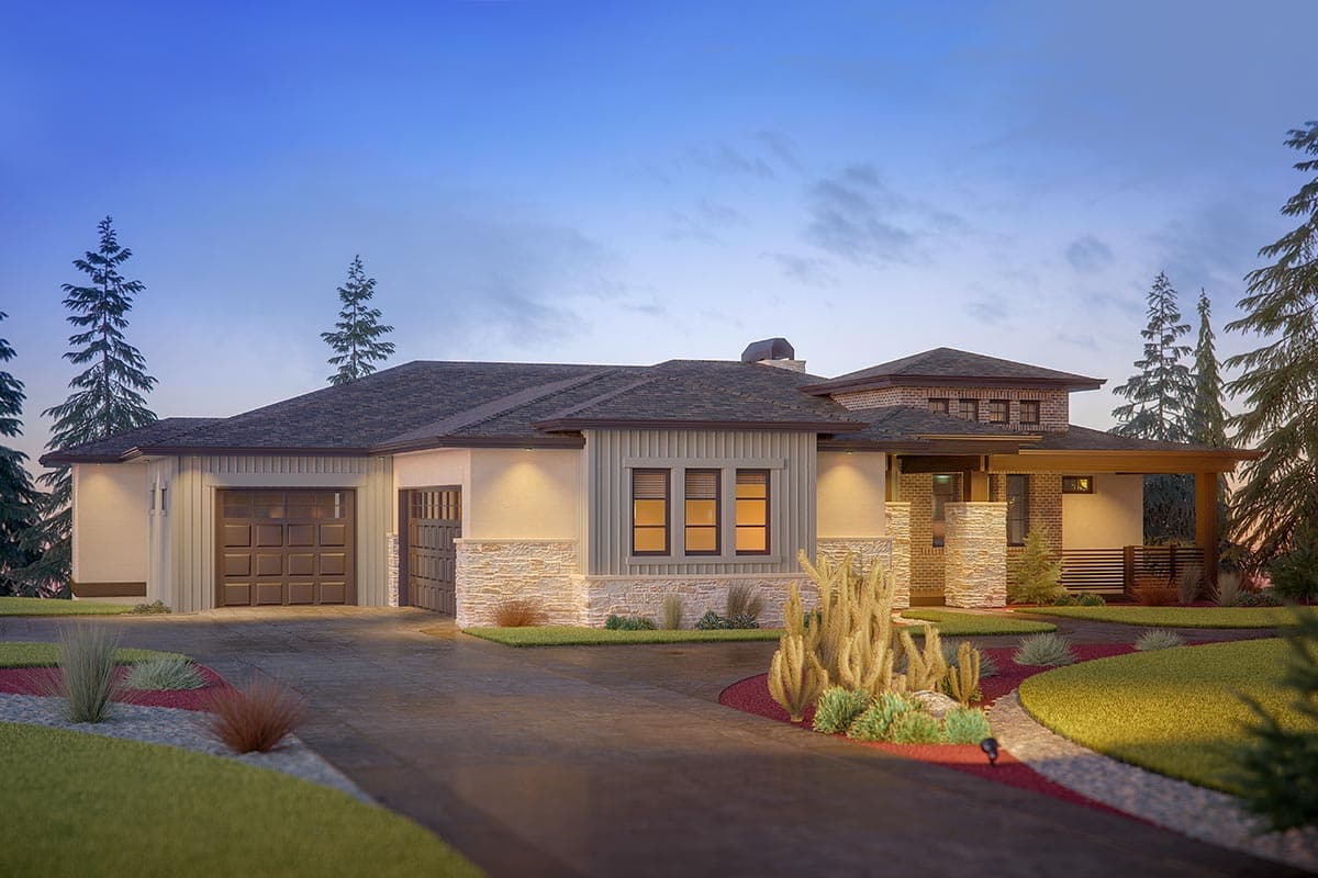 House plan exterior: One-story modern home with attached garage, stone and vertical siding accents, and a covered porch.