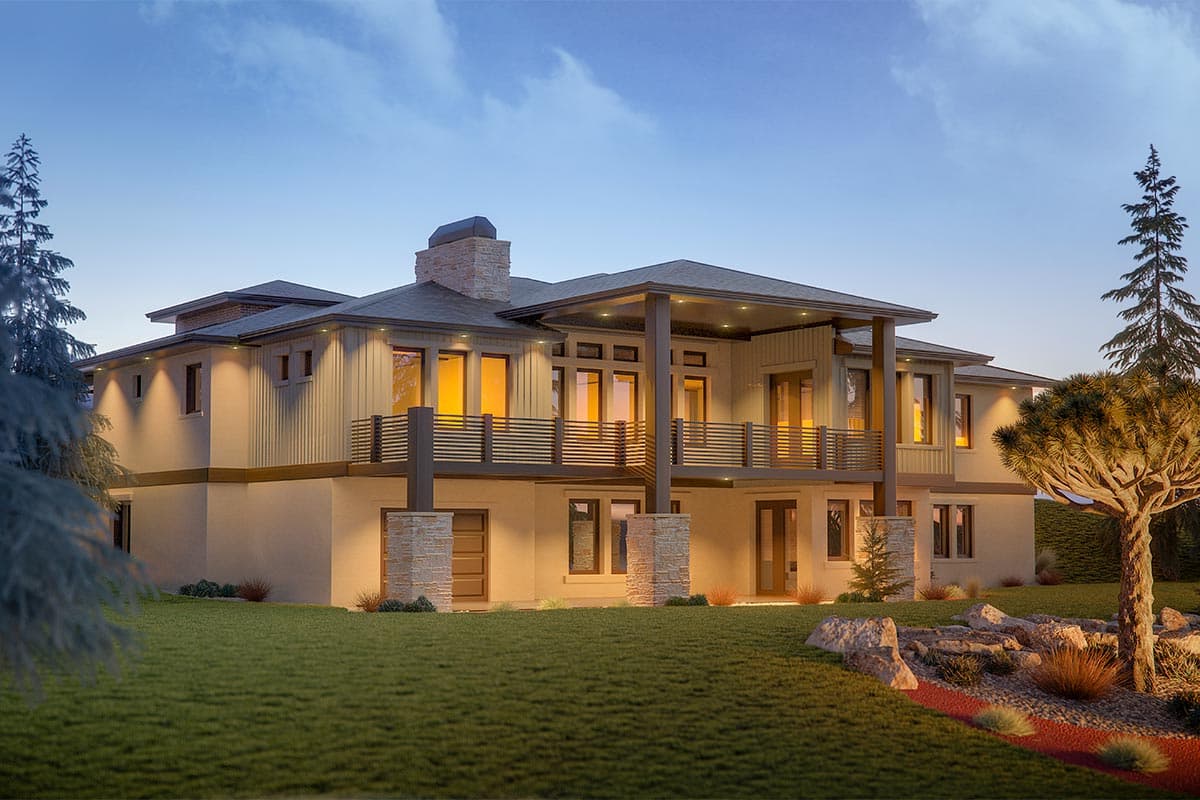 House plan exterior, two stories, contemporary style with stone chimney, wide balconies, and large windows.