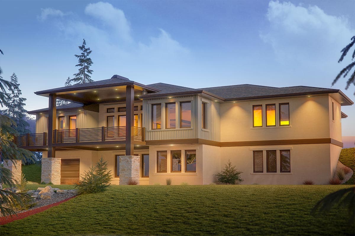 House plan exterior: Modern style, two stories, covered deck, and stone-accented columns.
