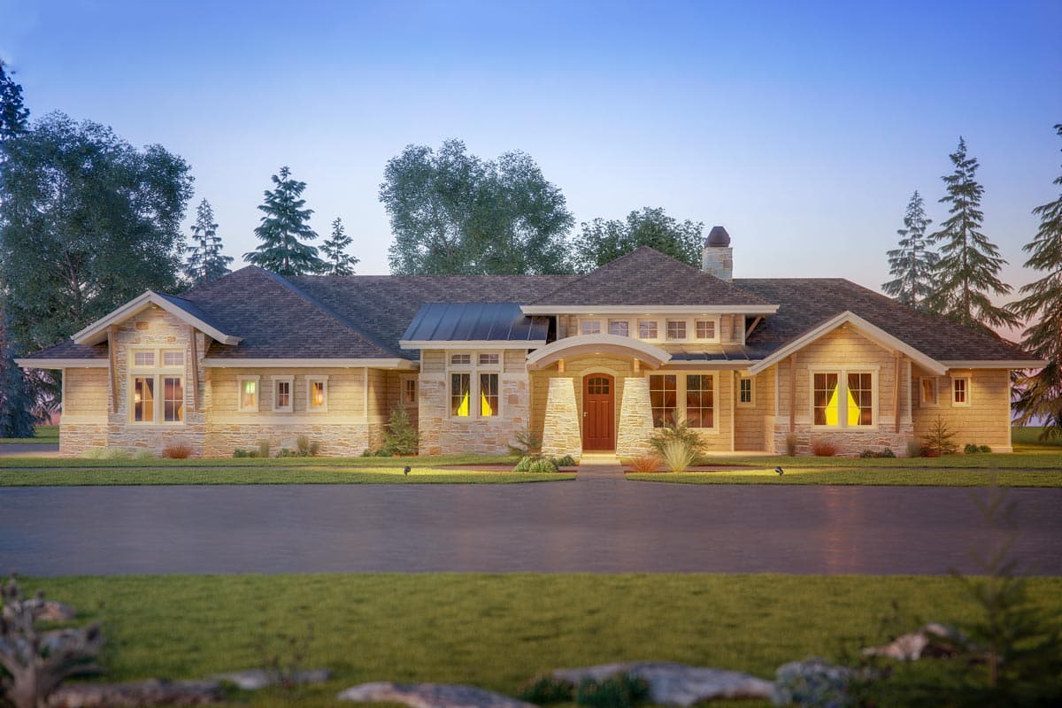 House plan exterior. Craftsman style with a single story, gable roof, and covered entry porch. Features stone accents and multiple windows.