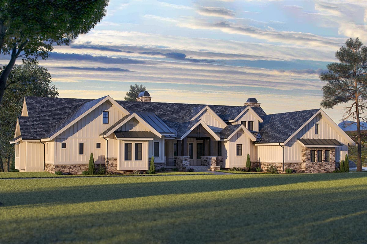 House plan exterior rendering. Modern Farmhouse style with multiple gables, stone accents, and a covered front porch with supporting columns.