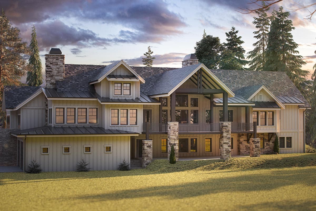 Modern Farmhouse house plan exterior featuring gables, stone accents, multi-level rooflines, and a covered balcony.