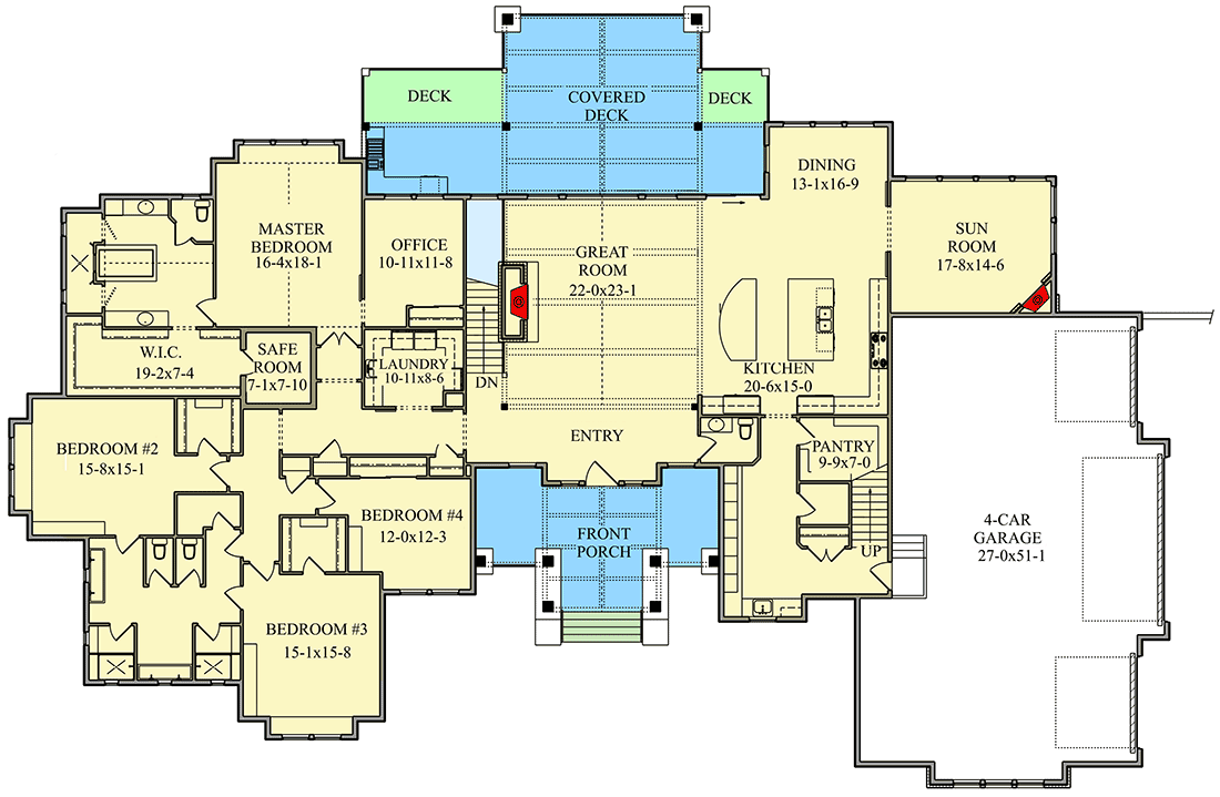 Plan 95080RW: Deluxe Mountain Craftsman House Plan with 4-Car Garage - Floor Plan - Main Level - Country, Craftsman, Modern Farmhouse, Mountain, New American, Rustic