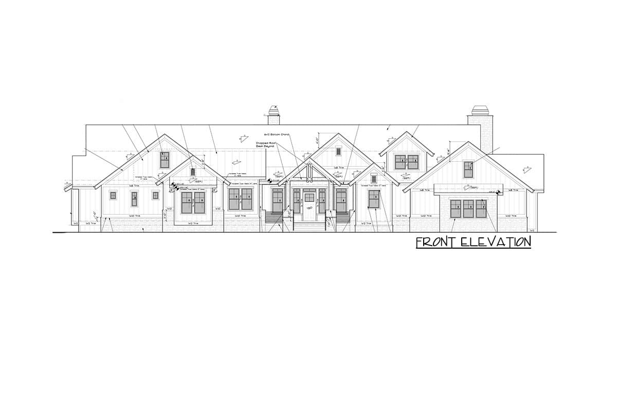 Front elevation drawing of a house plan with multiple gables, a covered entry, and a prominent chimney.