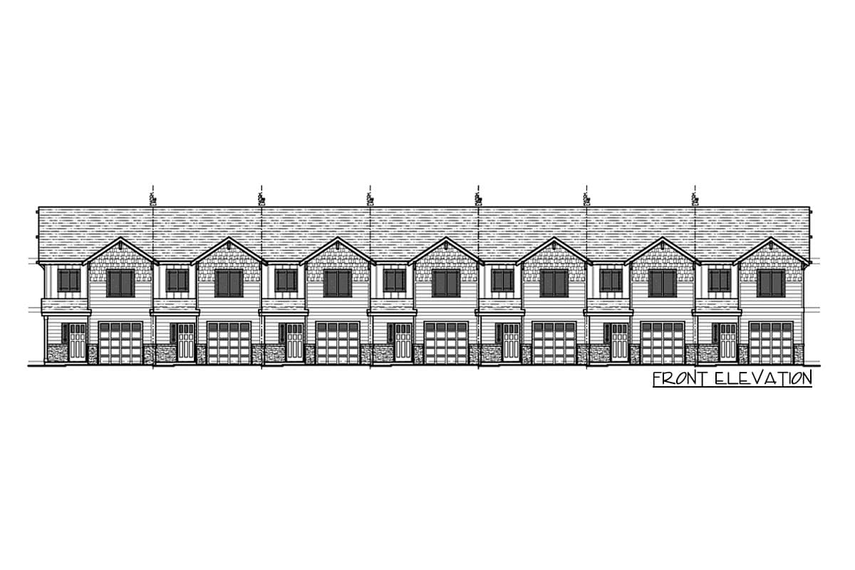 Front elevation drawing of a townhome complex with multiple units, each featuring garages, gabled dormers, and stone accents.