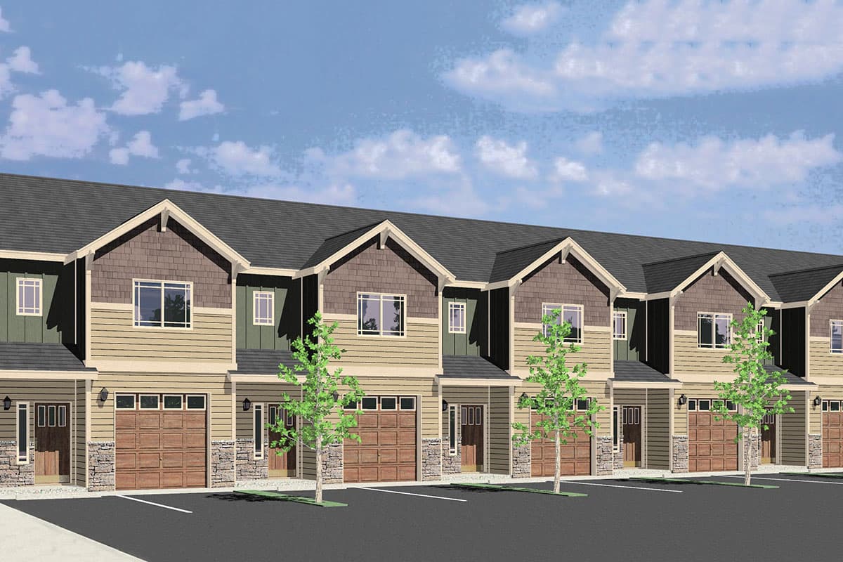 House plan exterior. Two-story townhouse with gabled roofs, stone accents, and attached garages. Each unit has a small porch.