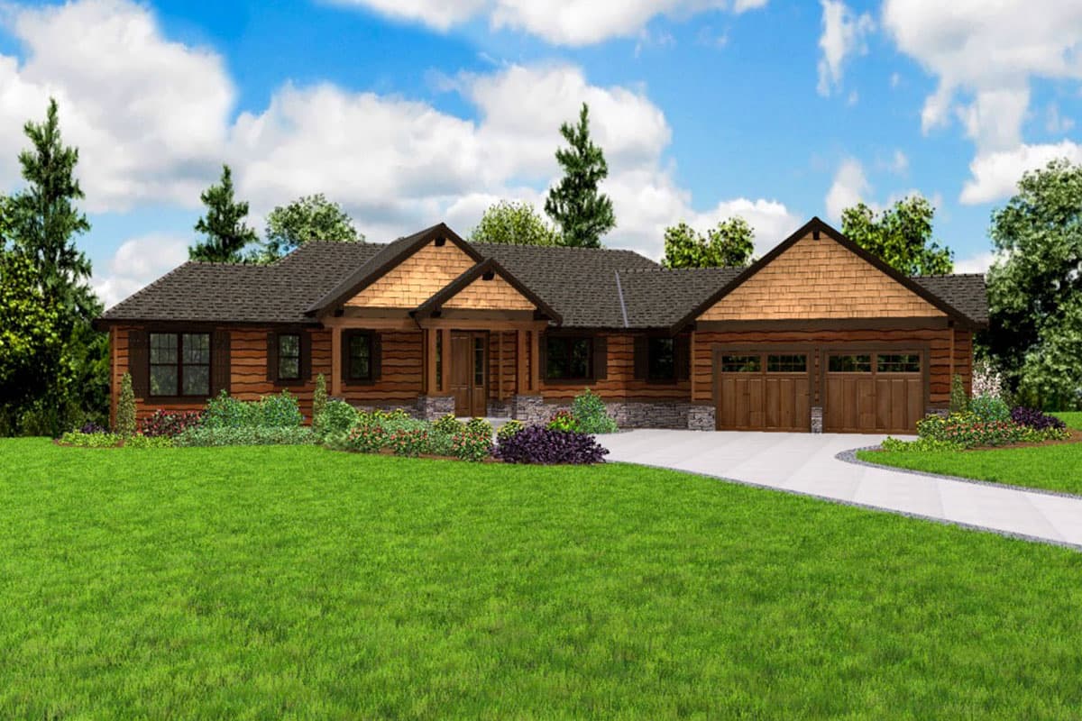 Log cabin style house plan exterior with a prominent covered entryway, gabled dormers, and a two-car garage.