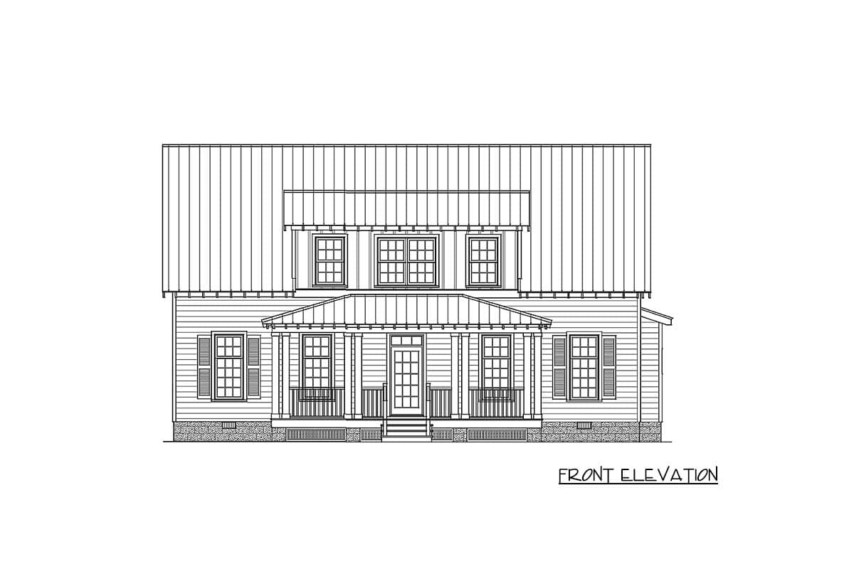 Front elevation drawing of a two-story house plan with a gabled roof, porch with columns, and double-hung windows.