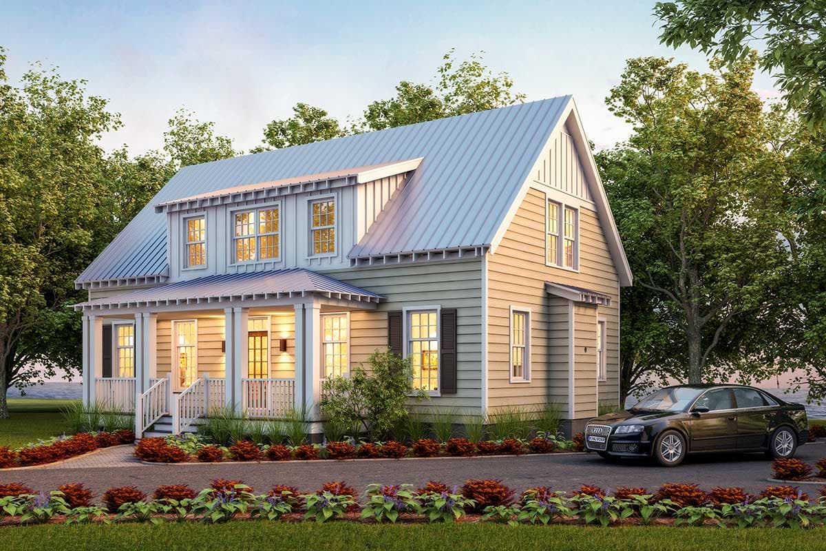 House plan exterior, two stories, with a wraparound porch, metal gable roof, and lap siding.