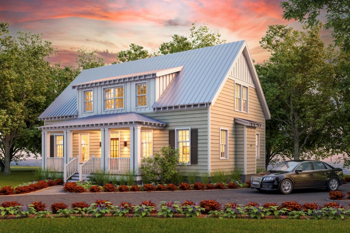 House plan exterior. Two-story farmhouse with a metal roof, front porch, and gabled dormers. Features include clapboard siding and window shutters.