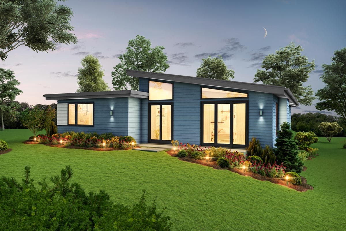 Modern house plan exterior with blue horizontal siding, a low-sloped roof, and large glass doors and windows.
