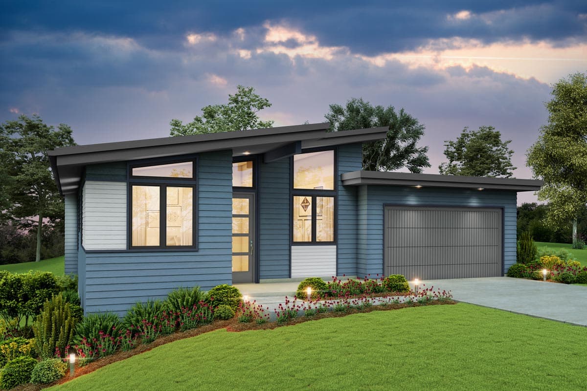 House plan exterior. Modern style, single story home with flat roof and large windows. Includes attached garage and covered entry.