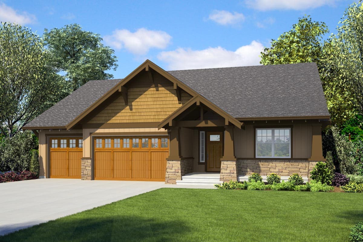 House plan exterior featuring Craftsman style, single story, a gable roof, covered porch, and a two-car garage.