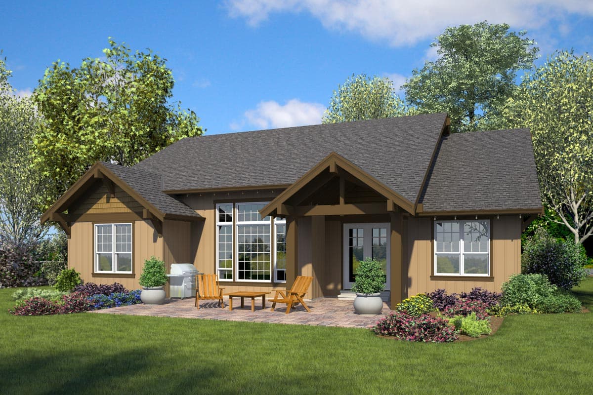 House plan exterior: Craftsman style, one-story with prominent gables, exposed rafters, and a covered entry.