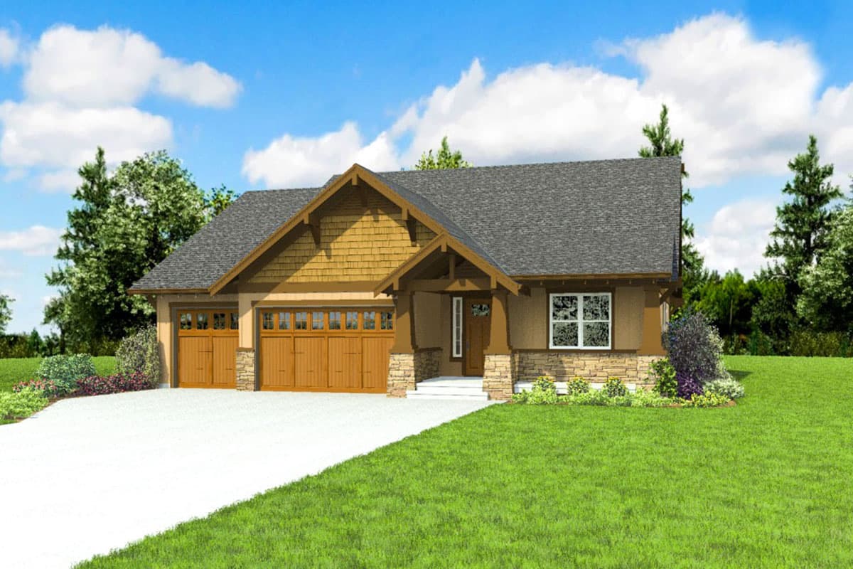 House plan exterior featuring a covered entry, three-car garage, stone accents, and prominent gables with exposed rafter tails.