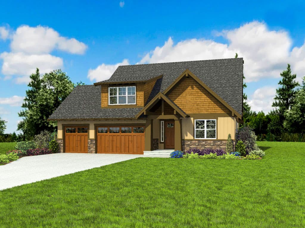 Craftsman style house plan exterior, two stories, with a covered entry porch, dormer, and a three-car garage.