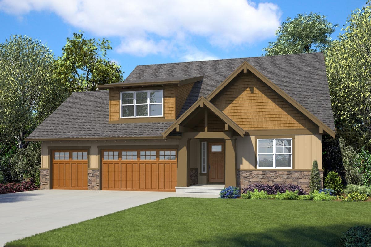 House plan exterior rendering. Craftsman style, two stories. Features include a front-facing gable, a covered entry porch, and a three-car garage.