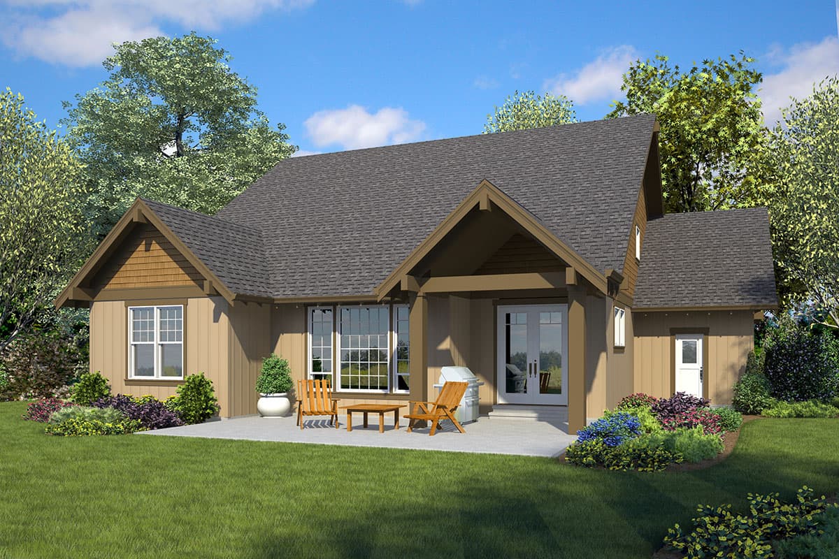 House plan exterior: Single-story Modern Farmhouse with gabled rooflines, covered porch, and shingled gables.