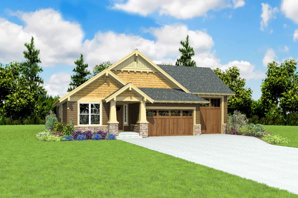 Craftsman house plan exterior with a covered front porch, gabled dormer, and a two-car garage.