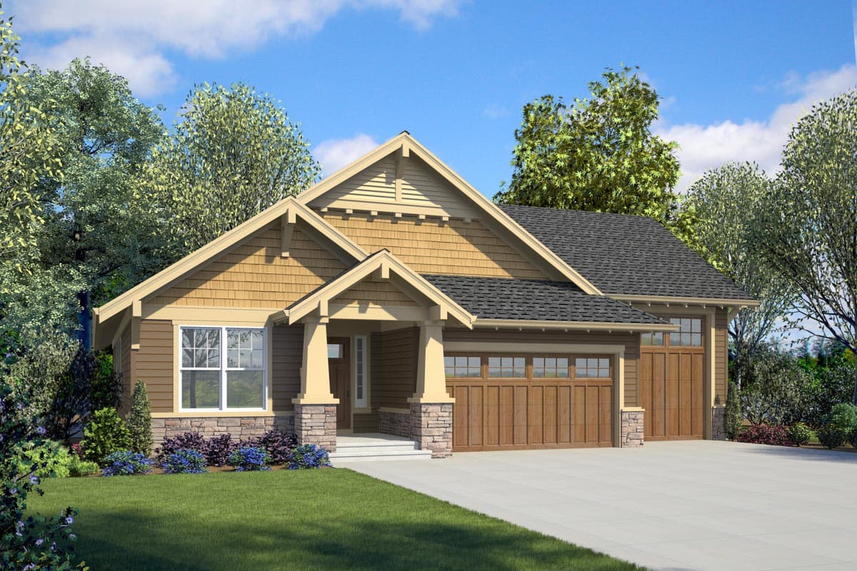 House plan exterior. Craftsman style, single-story home with gabled roof, covered porch, and attached garage with wood doors.