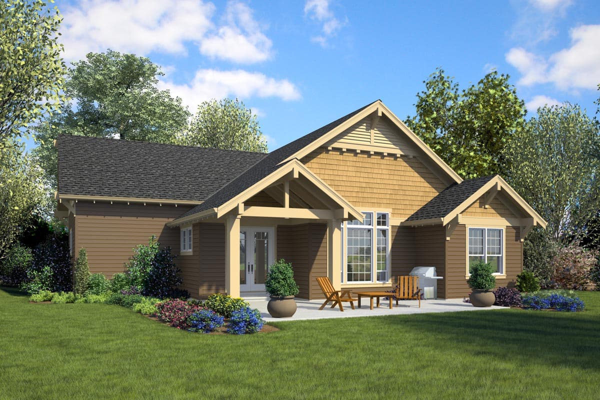 Craftsman style house plan exterior with covered porch, gables, and shingled gable ends.