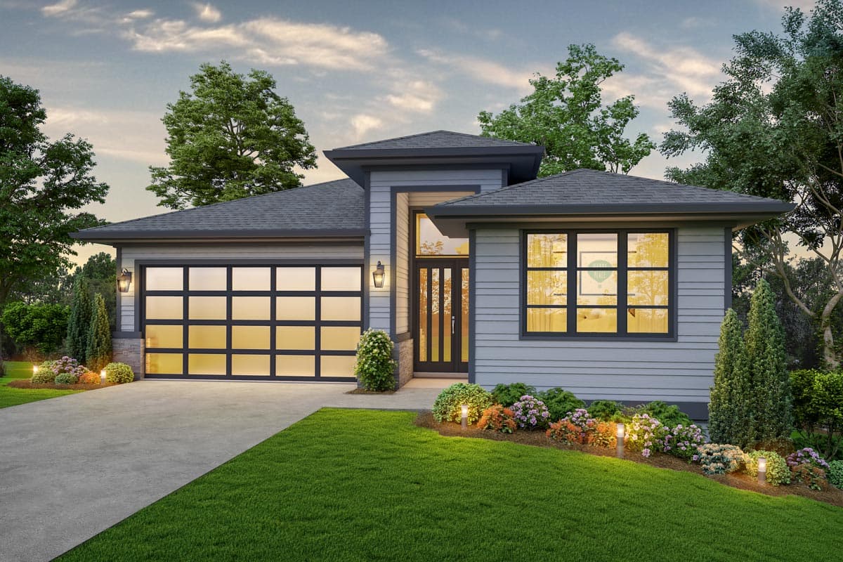 House plan exterior with modern design. Features include a glass garage door, transom window above entry door, and a low-slope roof.