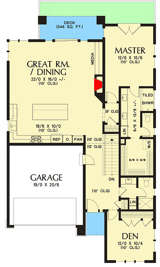 Plan 69731AM: Modern Prairie-Style House Plan for a Rear Sloping Lot - 2608 Sq Ft - Floor Plan - Main Level - Contemporary, Modern, Northwest, Prairie