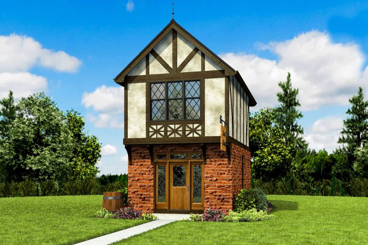 Tudor-style house plan exterior with brick base, half-timbering on upper story, and diamond-pane windows.