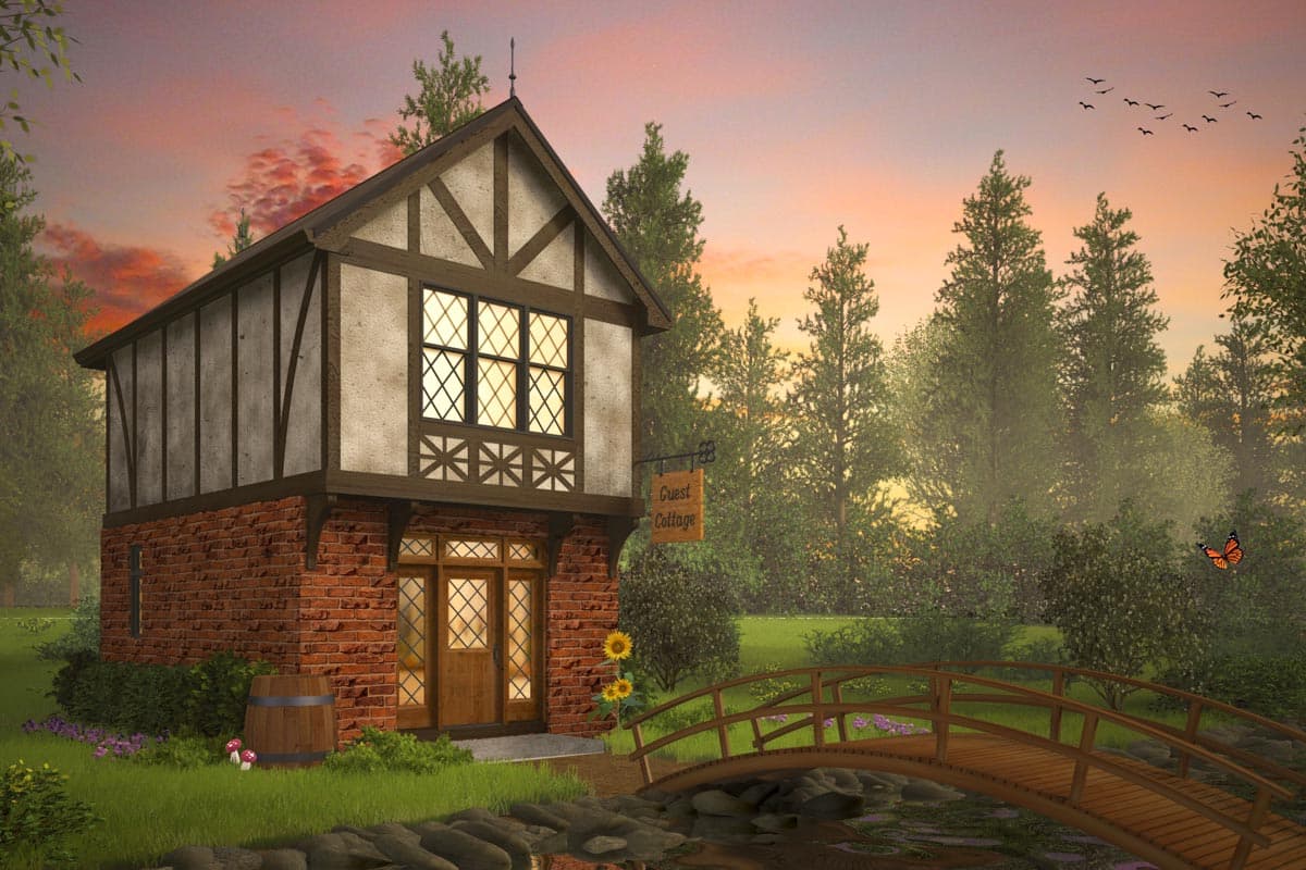 House plan exterior. Two-story Tudor style cottage with brick base, gabled roof, and timber framing details. Features a bridge and garden setting.