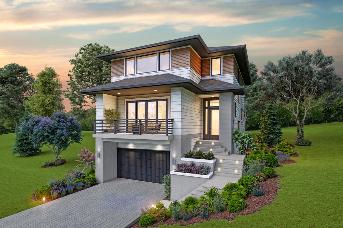 House plan exterior view, two-story modern style with a flat roof and balcony. Features include a garage, entry steps, and mixed siding materials.