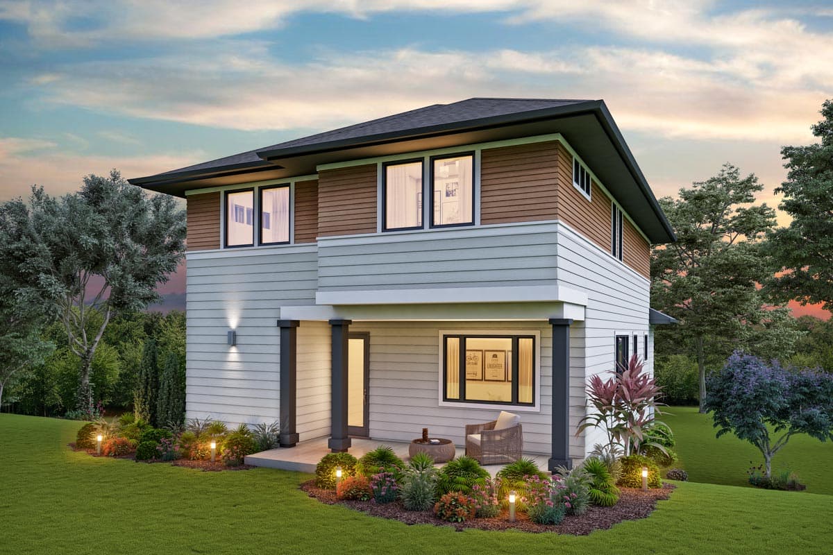 Two-story modern house plan exterior with horizontal siding, a low-slope roof, and a covered entry porch.