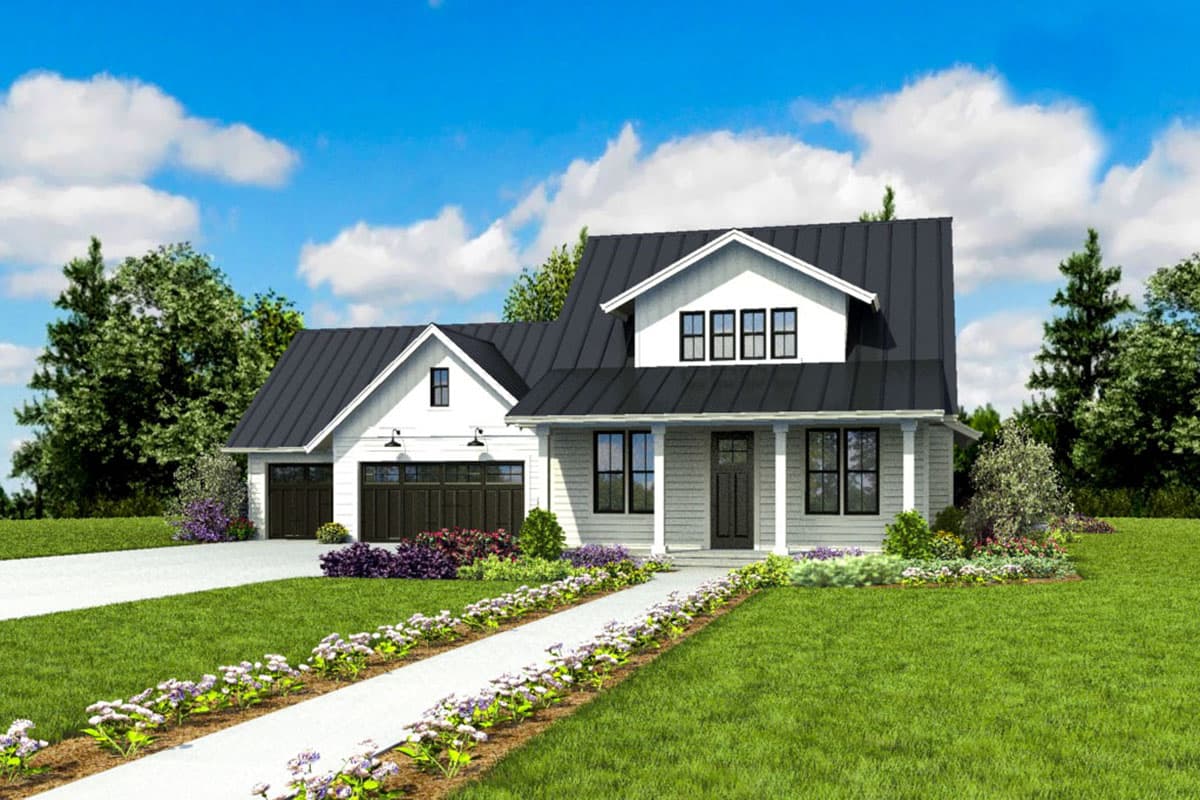 Modern Farmhouse house plan exterior with a two-car garage, covered porch, gable rooflines, and dormer windows.