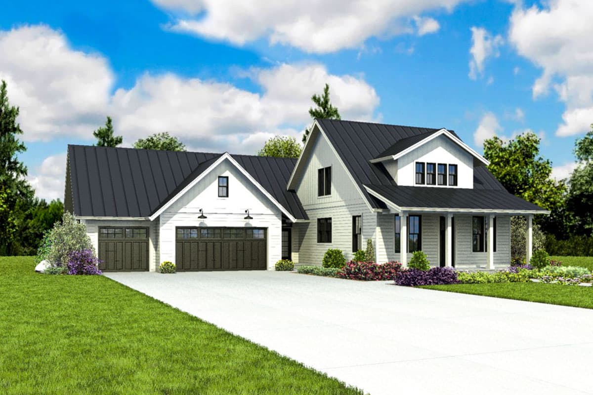 Modern Farmhouse house plan exterior with a 2-car garage, gabled dormer, and wraparound porch.