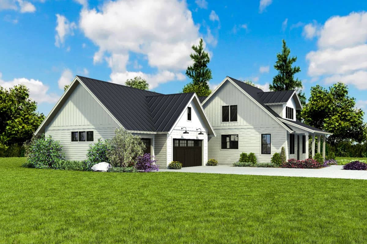 Modern Farmhouse style house plan exterior with metal roof, two stories, attached garage, and covered front porch.