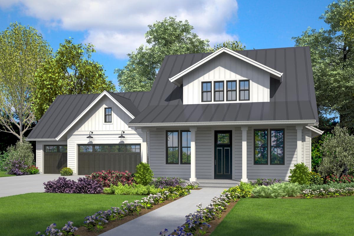 House plan exterior. Two-story Modern Farmhouse with gables, a covered entry porch, and a detached garage with dark garage doors.