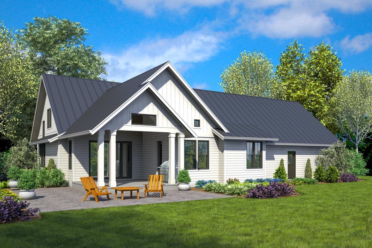 House plan exterior: Modern Farmhouse style, one-story, with a covered porch, gable roof, and horizontal siding.