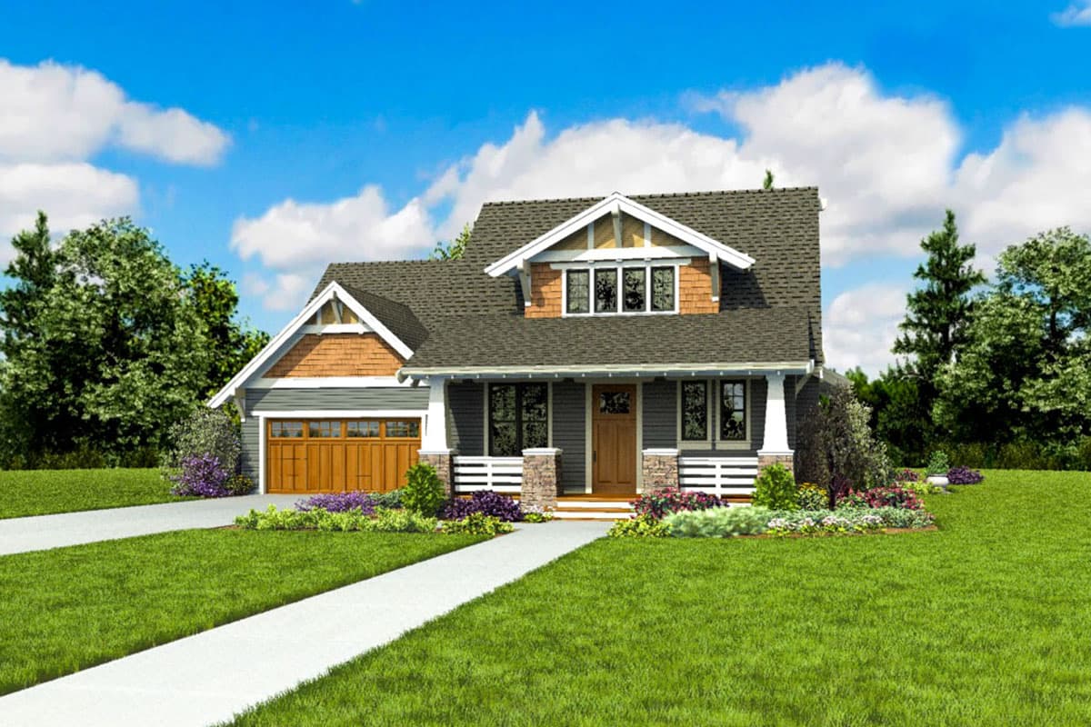 Craftsman style house plan exterior with front porch, gable dormer, and attached garage.