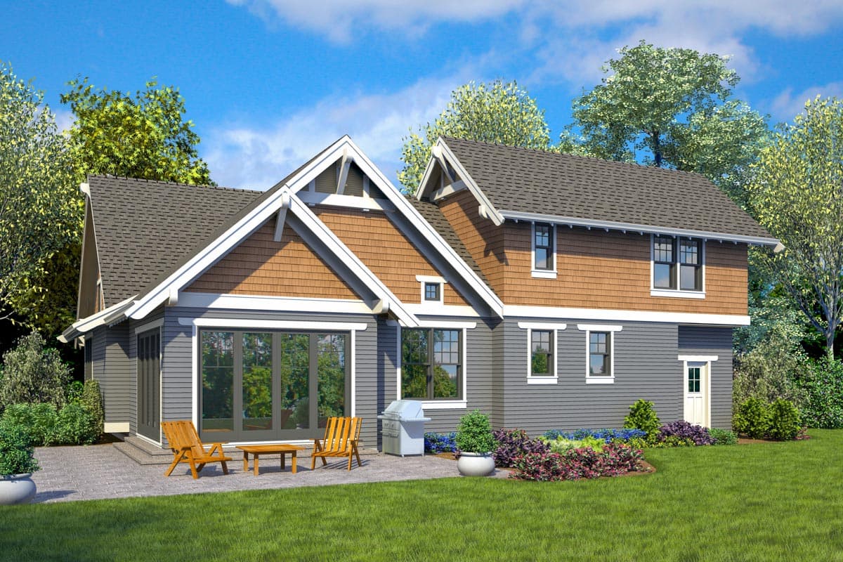 House plan exterior: Modern Farmhouse style, two stories, gabled dormers, large window wall, and cedar shingles.